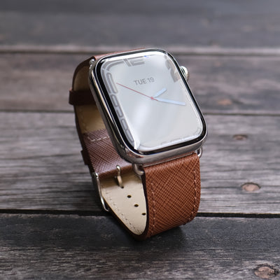 Pin and Buckle Apple Watch Bands - Saffiano - Textured Leather Apple Watch Bands - Hazel Brown on Silver Stainless Steel