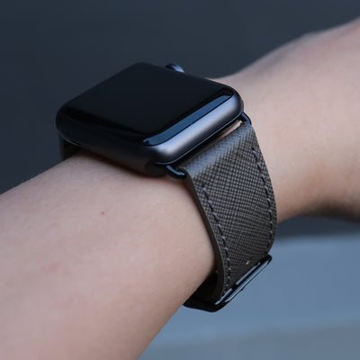 Pin and Buckle Apple Watch Bands - Saffiano - Textured Leather Apple Watch Bands - Medium Grey Black Stainless Steel