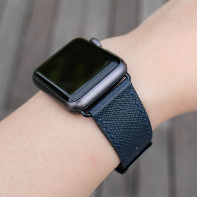 Pin and Buckle Apple Watch Bands - Saffiano - Textured Leather Apple Watch Bands - Navy Blue - Black