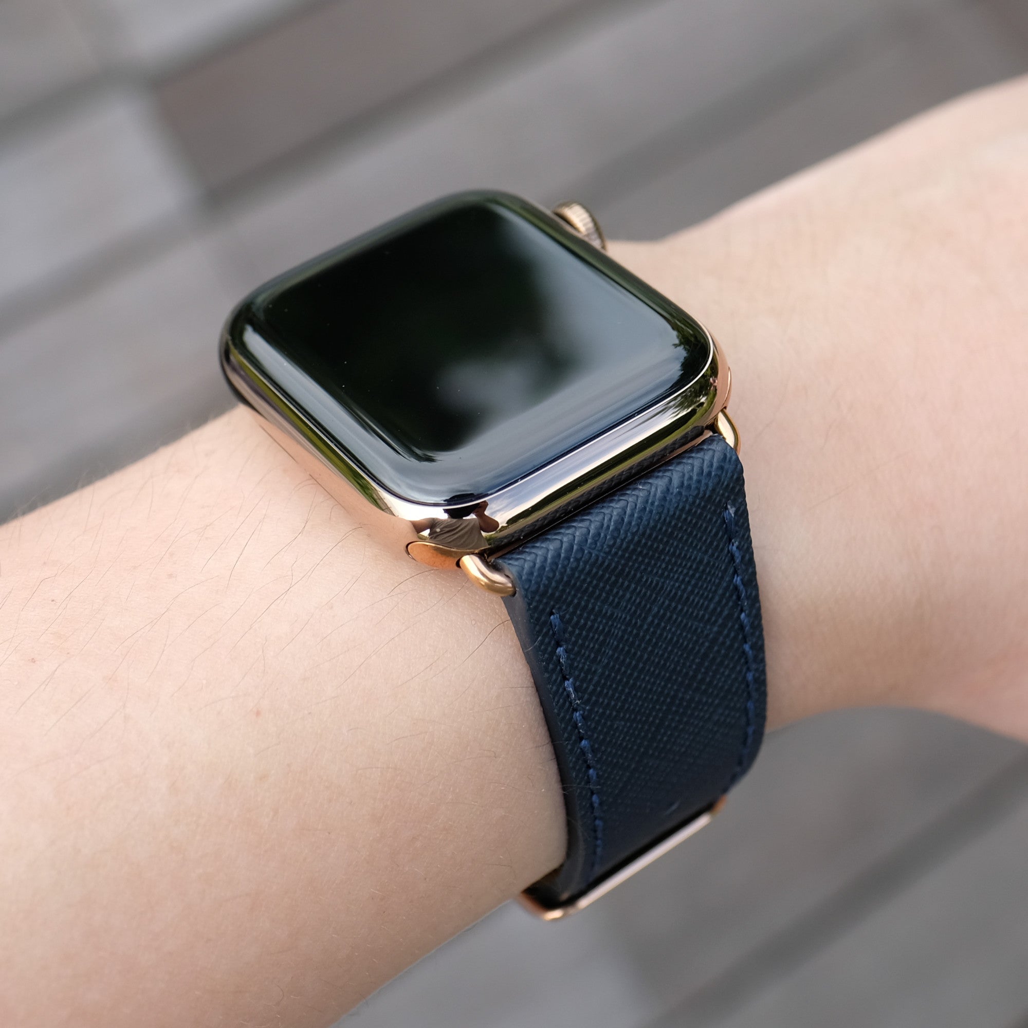 Pin and Buckle Apple Watch Bands - Saffiano - Textured Leather Apple Watch Bands - Navy Blue - Gold