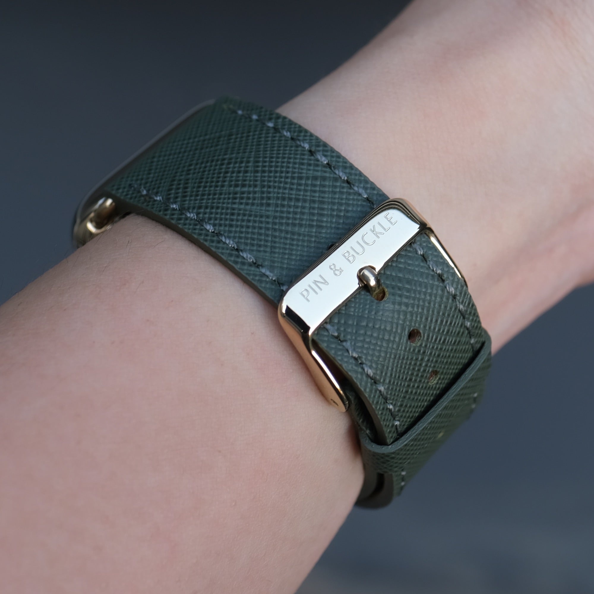 Pin and Buckle Apple Watch Bands - Saffiano - Textured Leather Apple Watch Bands - Oak Green on Gold Series 6 7 8 Stainless Steel - Buckle