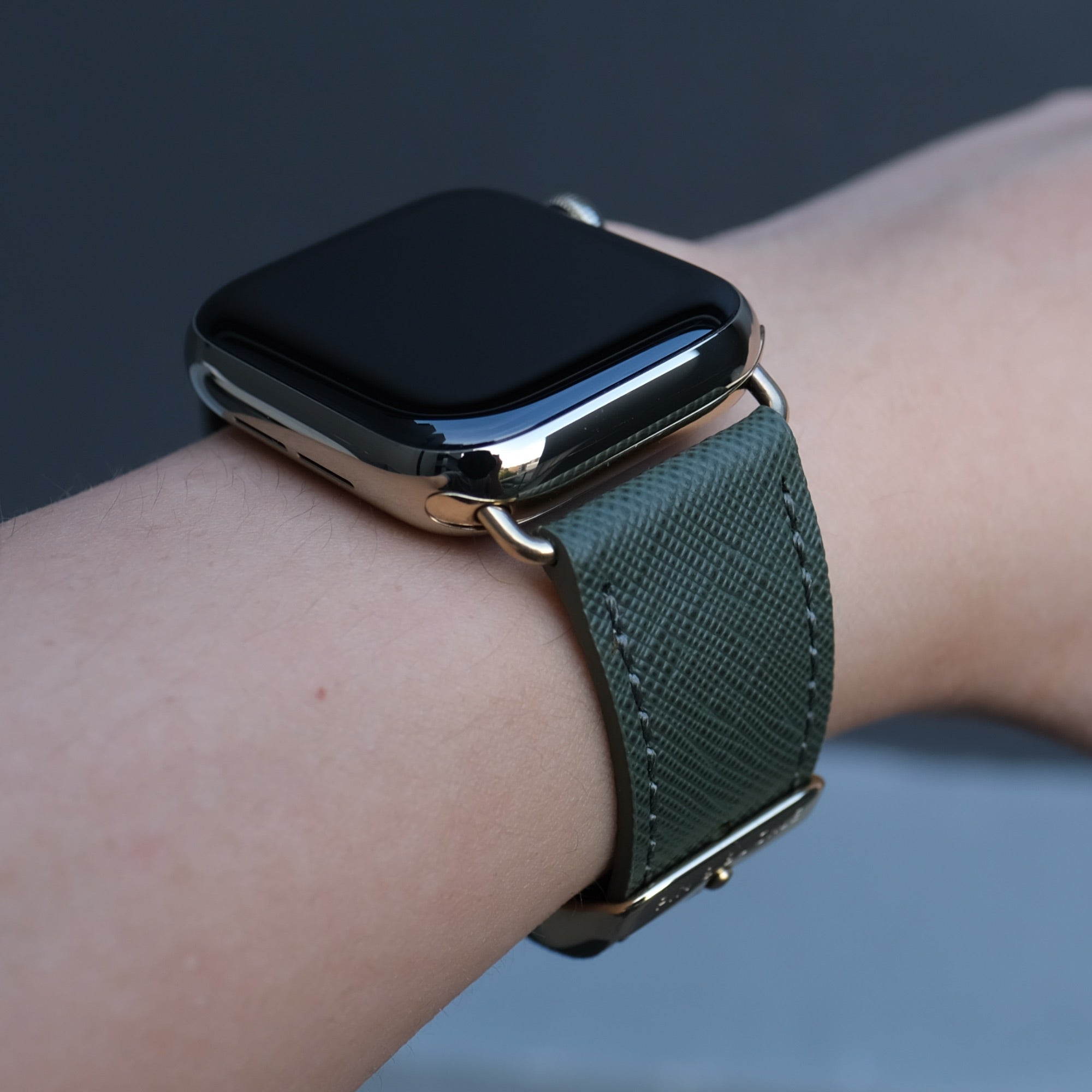 Pin and Buckle Apple Watch Bands - Saffiano - Textured Leather Apple Watch Bands - Oak Green on Gold Series 6 7 8 Stainless Steel