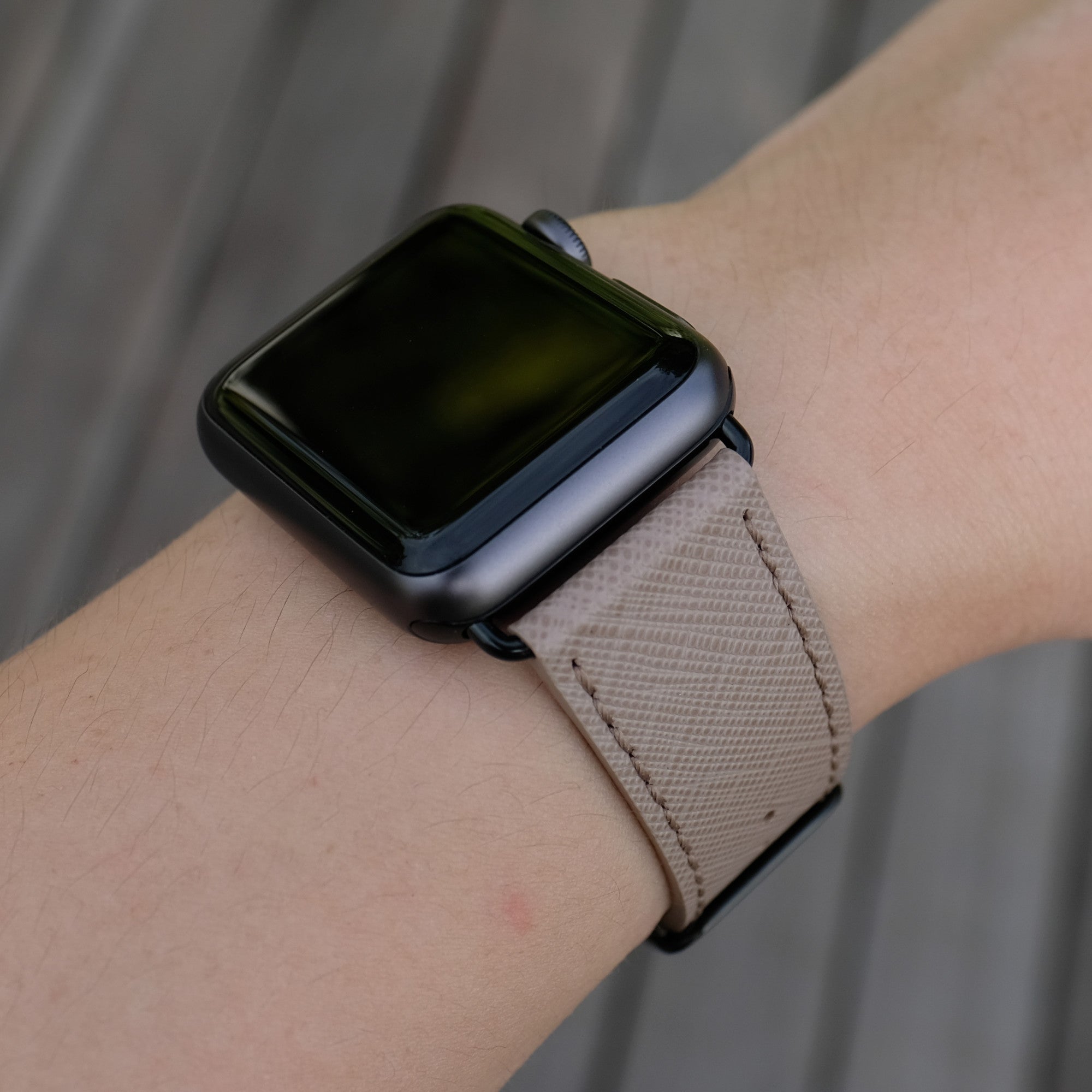 Pin and Buckle Apple Watch Bands - Saffiano - Textured Leather Apple Watch Bands - Taupe - Black