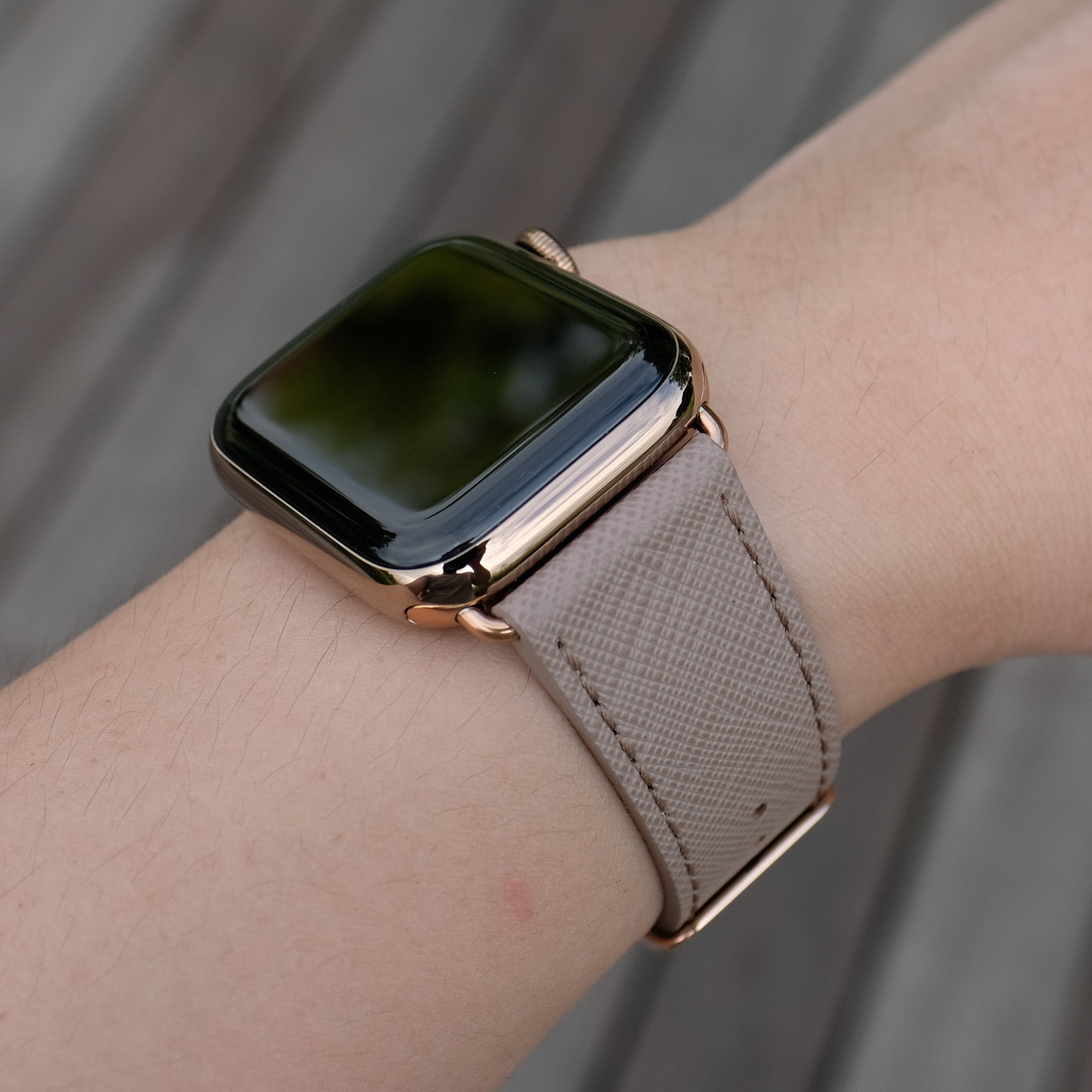 Pin and Buckle Apple Watch Bands - Saffiano - Textured Leather Apple Watch Bands - Taupe - Gold