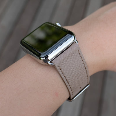 Pin and Buckle Apple Watch Bands - Saffiano - Textured Leather Apple Watch Bands - Taupe - Silver